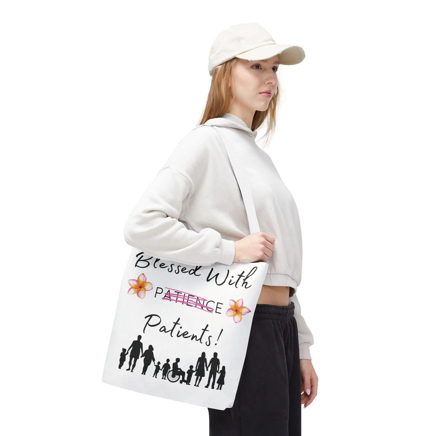 Woman holding a tote bag with 'Blessed With Patients' text and medical graphics on a white background