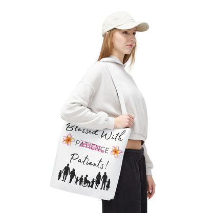 Woman holding a tote bag with 'Blessed With Patients' text and medical graphics on a white background