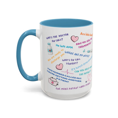 Mug with humorous medical-themed text and graphics on a white background