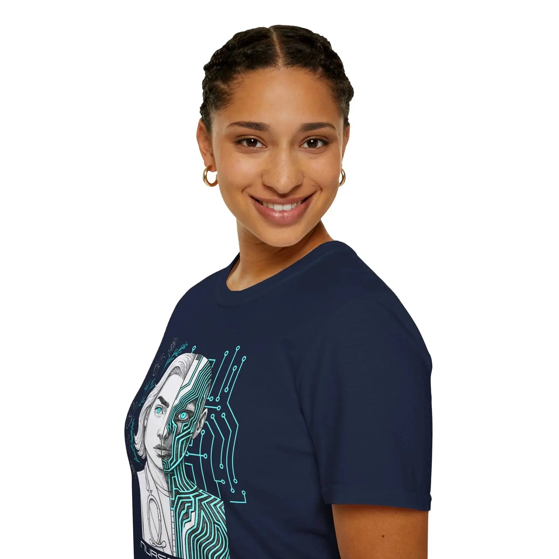 Woman wearing a navy blue t-shirt with a robotic graphic design on a white background