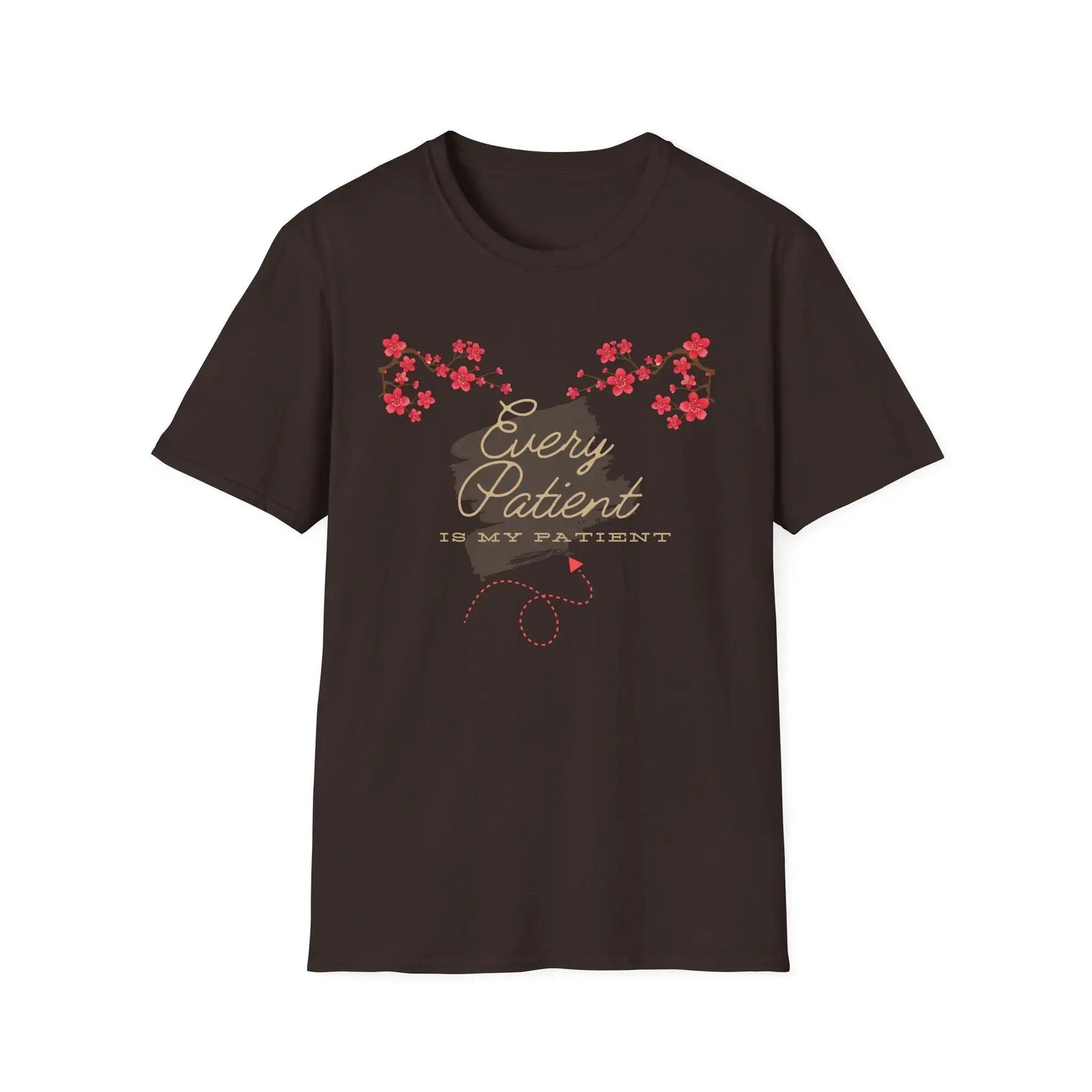 Brown t-shirt with Sakura flowers design and 'Every Patient Is My Patient' text on a white background