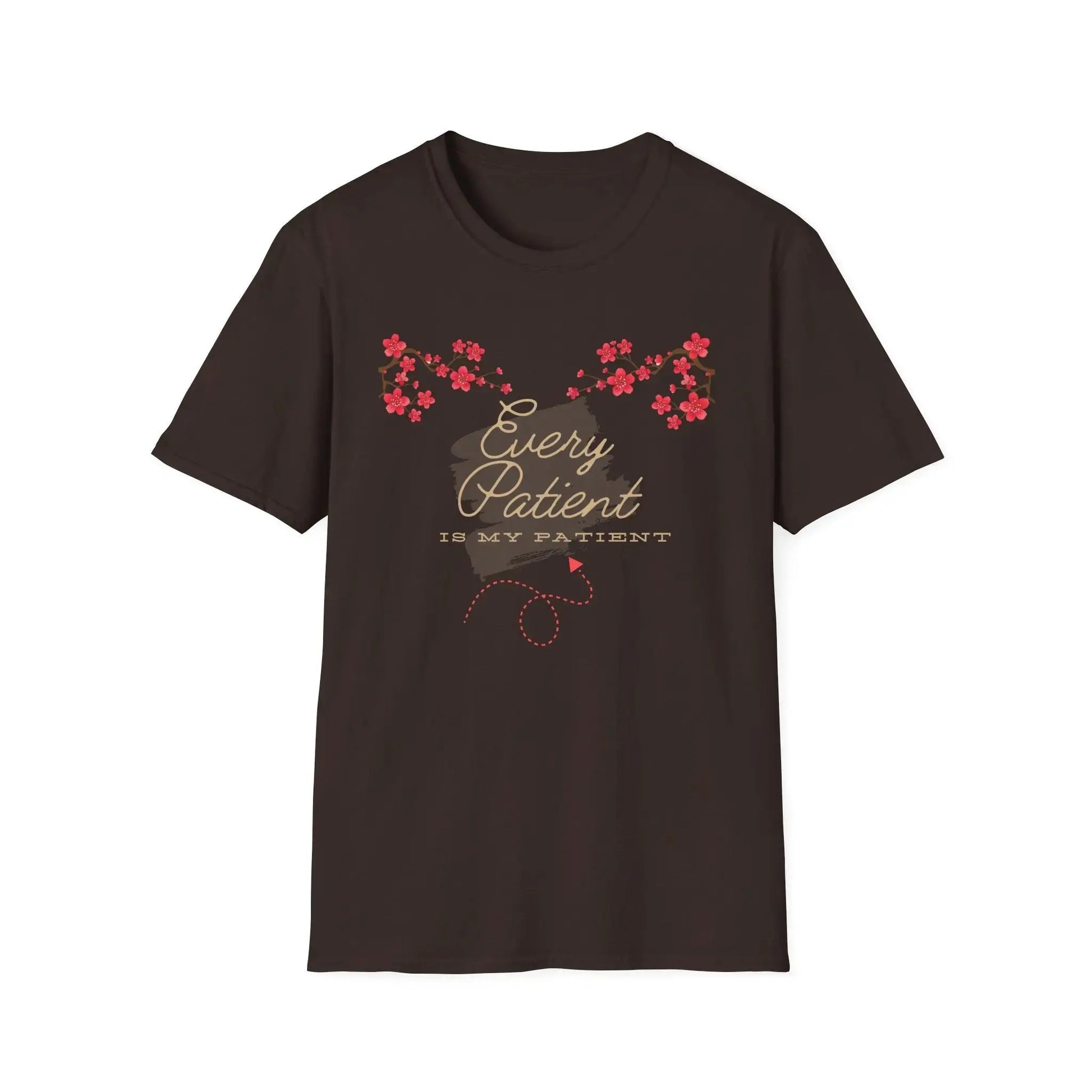 Brown t-shirt with Sakura flowers design and 'Every Patient Is My Patient' text on a white background
