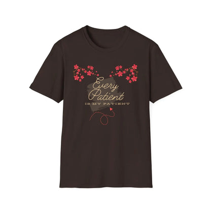 Brown t-shirt with Sakura flowers design and 'Every Patient Is My Patient' text on a white background