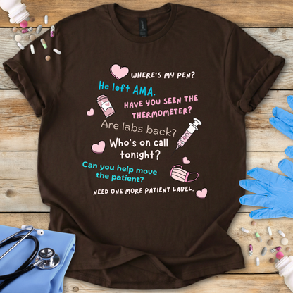 Brown t-shirt with humorous medical text on a wooden surface with medical-themed props.