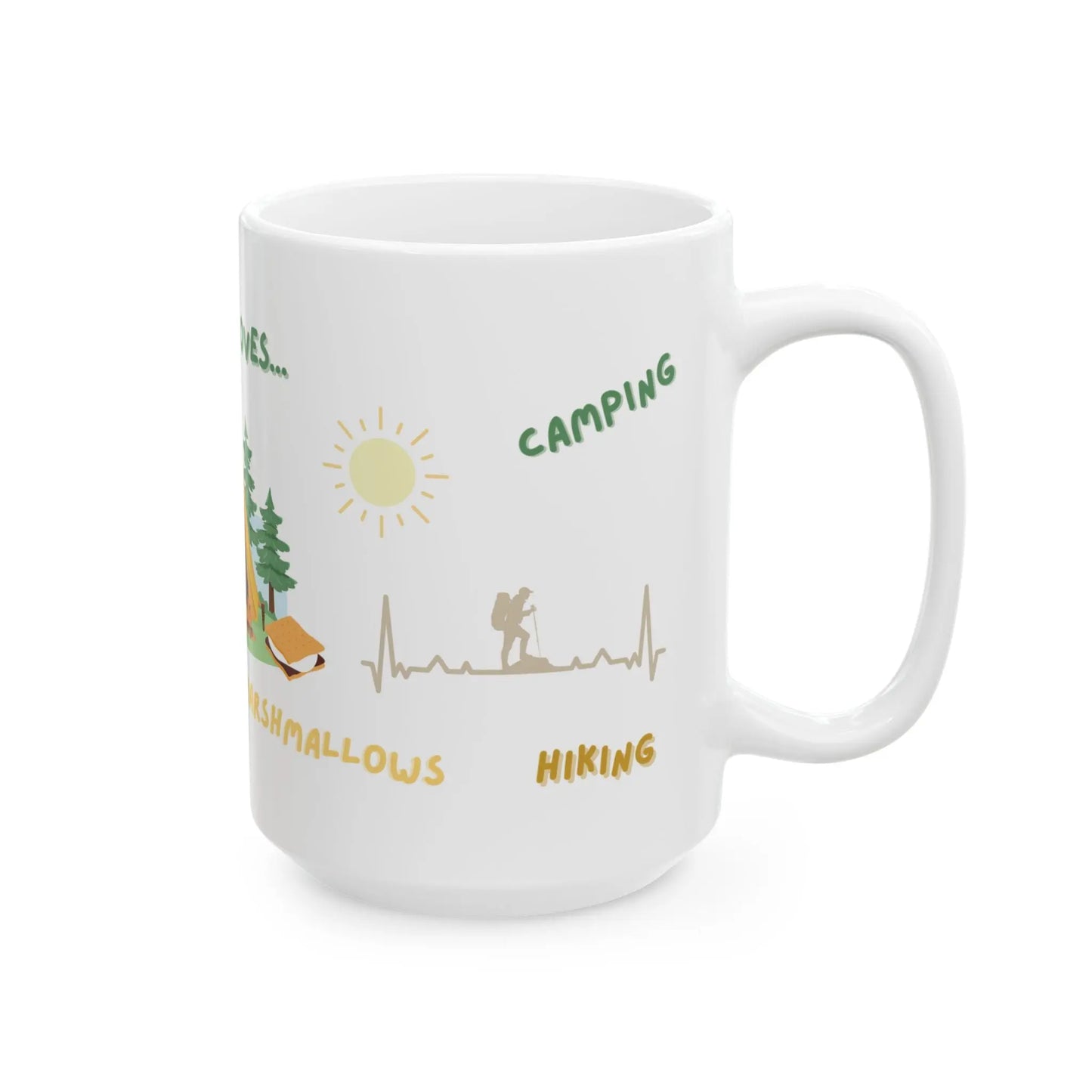 White mug with camping-themed illustrations and text on a white background
