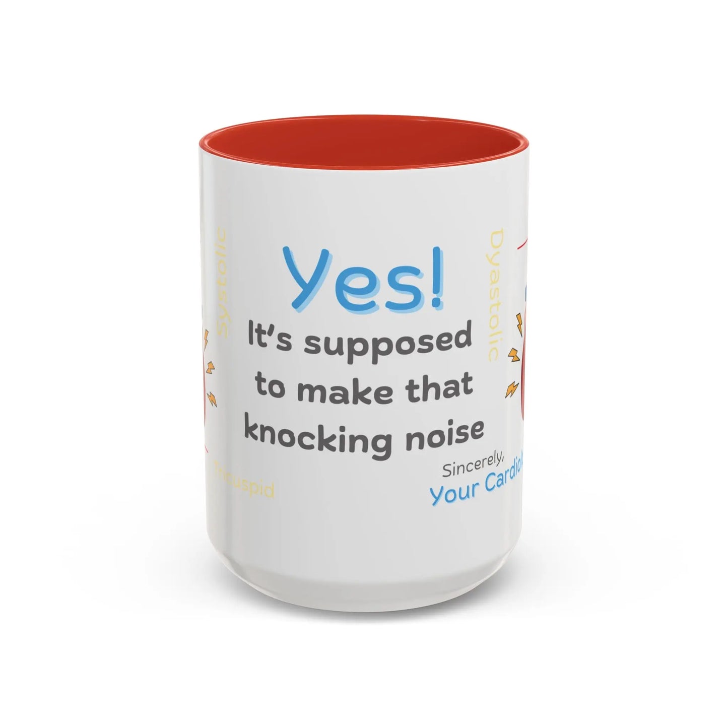 White mug with red interior and 'Yes it's supposed to make that noise' text on a white background