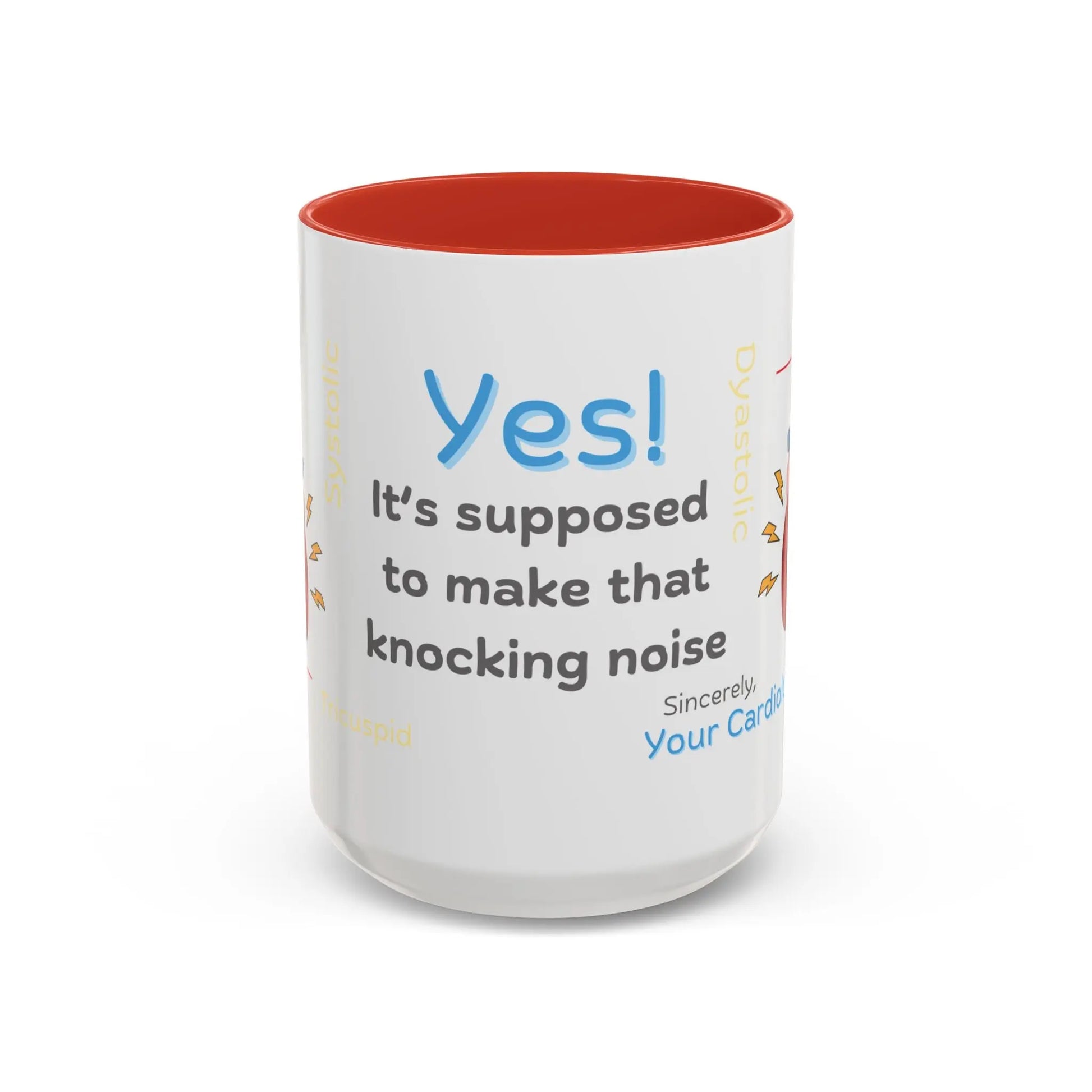 White mug with red interior and 'Yes it's supposed to make that noise' text on a white background