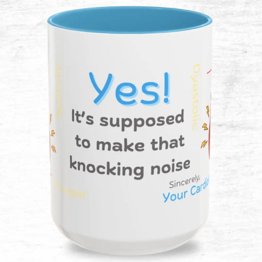 White mug with blue interior and  'Knocking Noise'  text on a white background