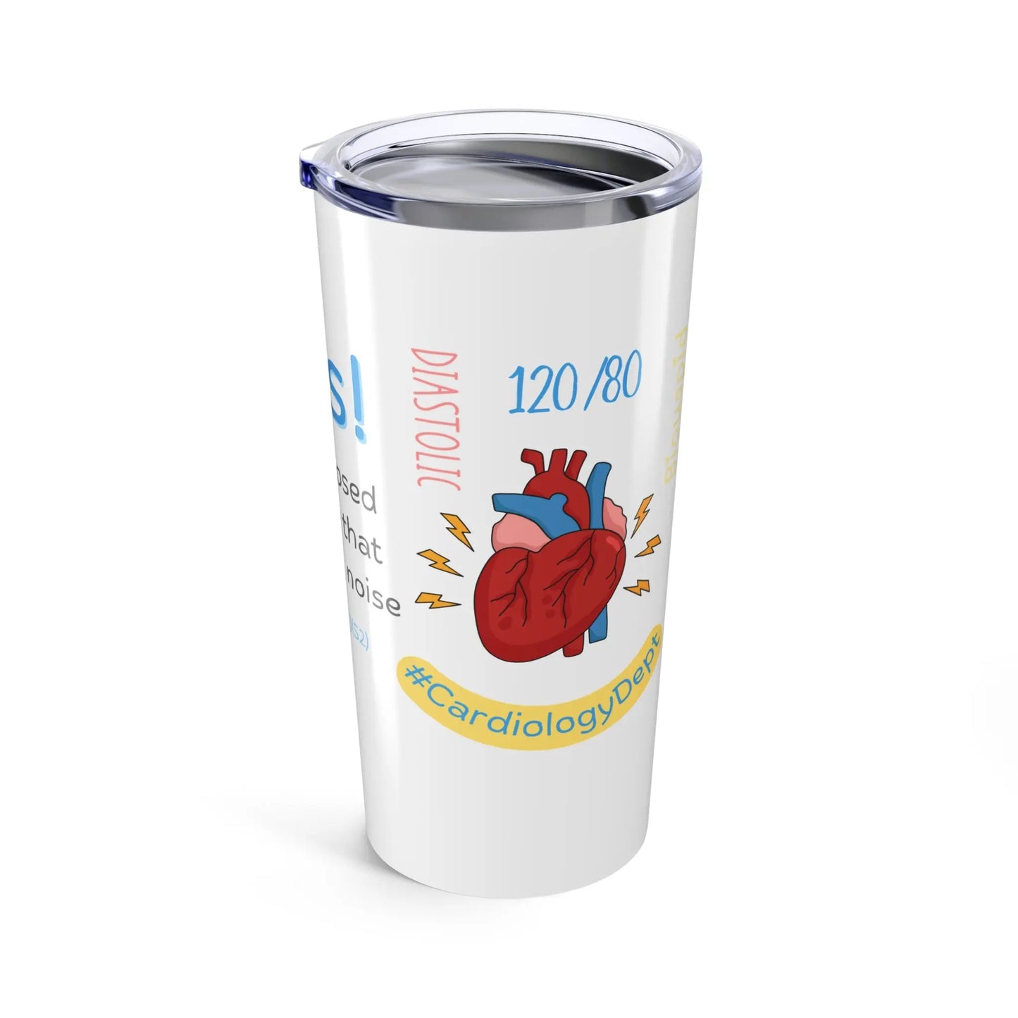 White tumbler with a heart design and medical text on a white background