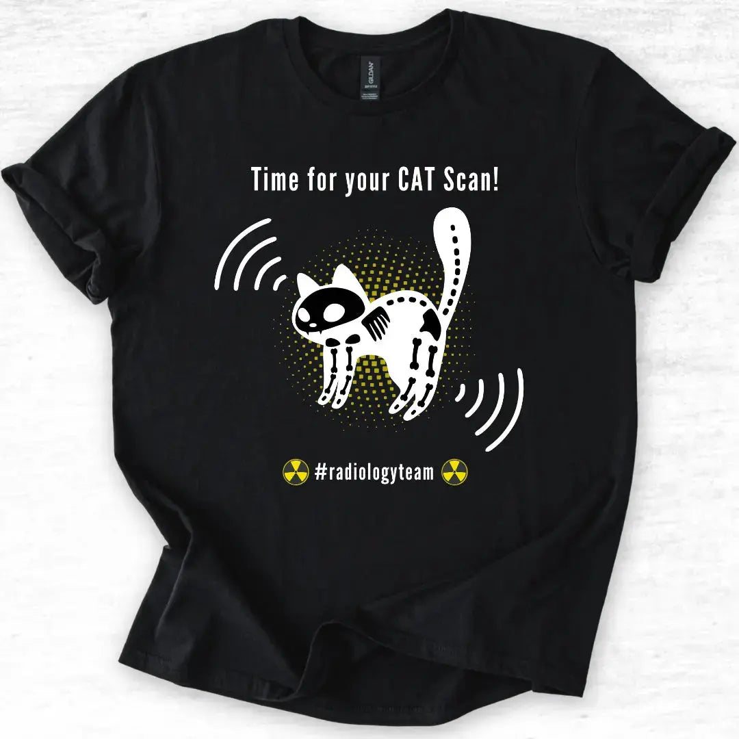 Black t-shirt with a skeleton cat graphic and 'Time For Your Cat Scan' text on a light gray background