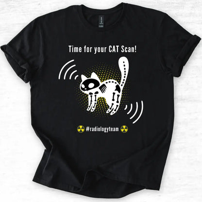 Black t-shirt with a skeleton cat graphic and 'Time For Your Cat Scan' text on a light gray background