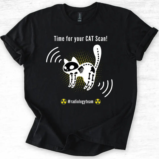 Black t-shirt with a skeleton cat graphic and 'Time For Your Cat Scan' text on a light gray background