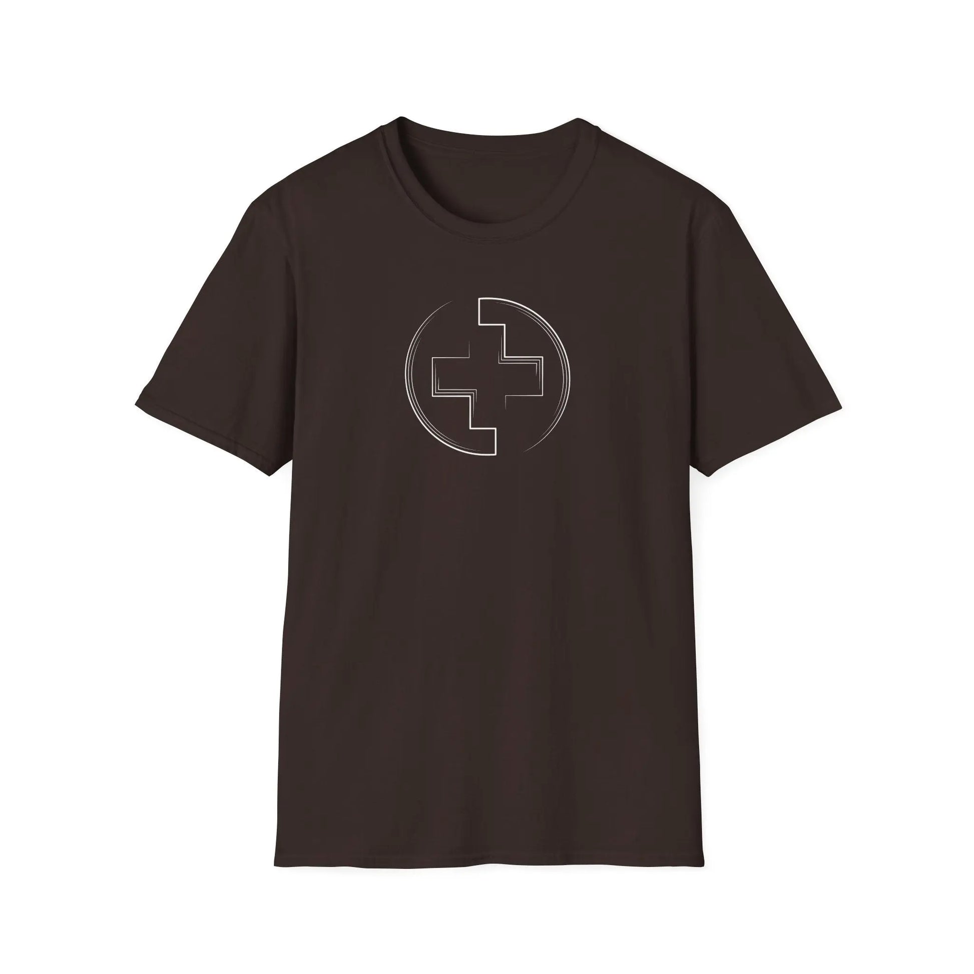 Brown t-shirt with a geometric logo of a medical cross on a white background