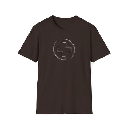Brown t-shirt with a geometric logo of a medical cross on a white background