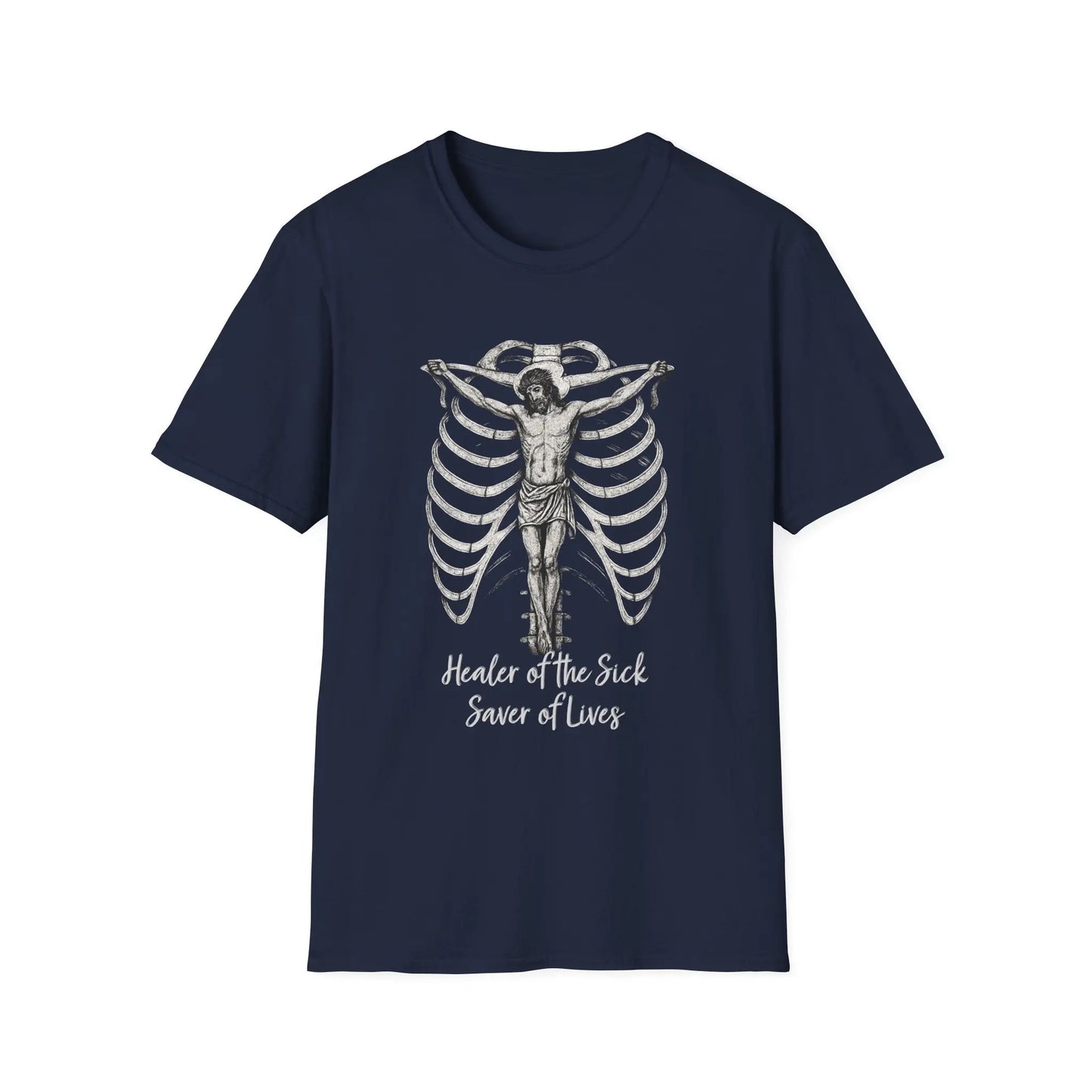 Navy blue t-shirt with a Jesus on a rib cage graphic design on a white background