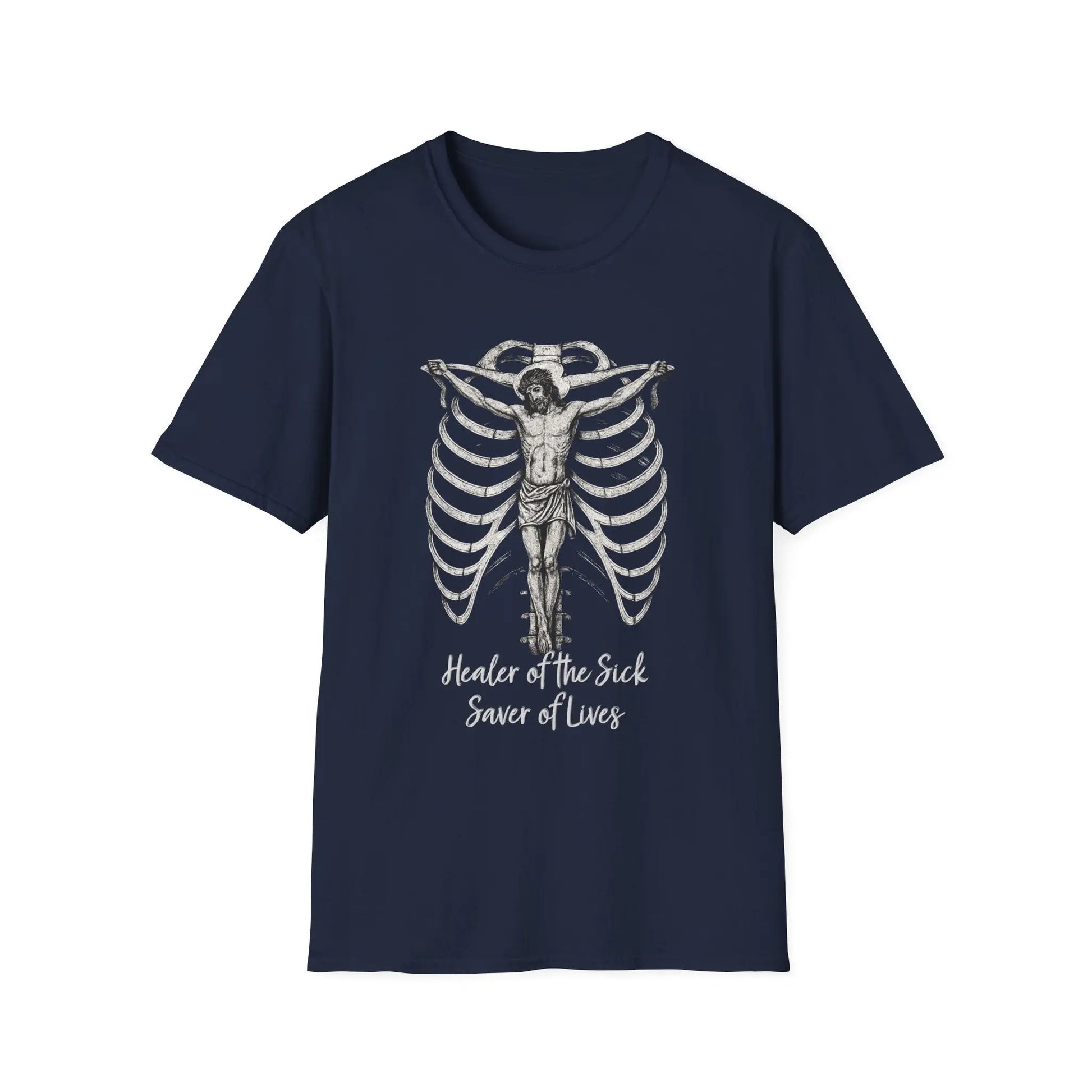 Navy blue t-shirt with a Jesus on a rib cage graphic design on a white background