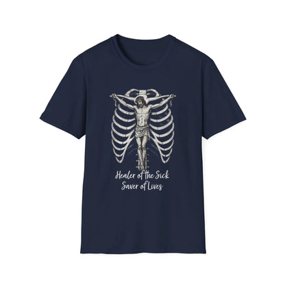 Navy blue t-shirt with a Jesus on a rib cage graphic design on a white background