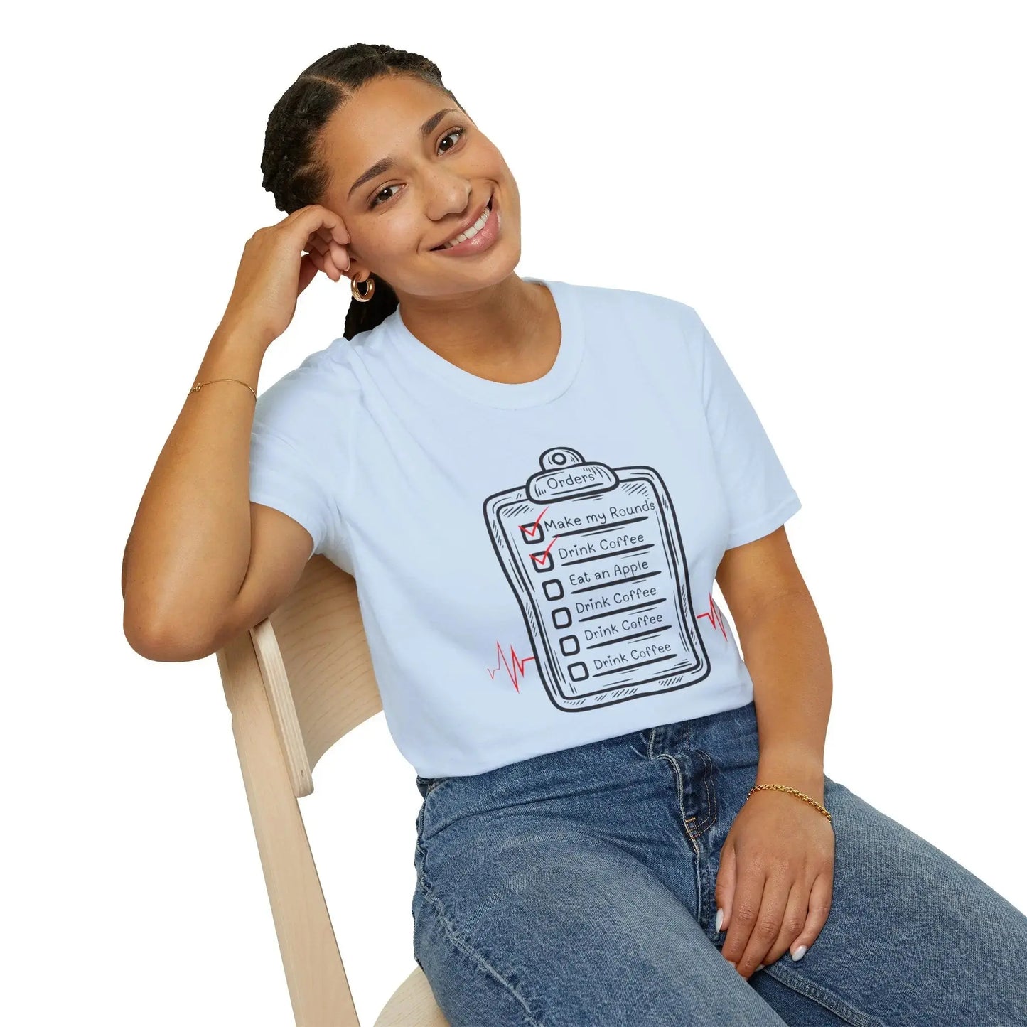 Woman in Checklist Coffee Lover's Blue T-Shirt 