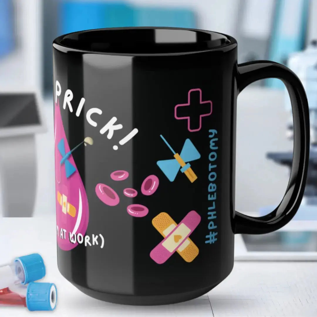 Black mug with colorful medical-themed design on a blurred background