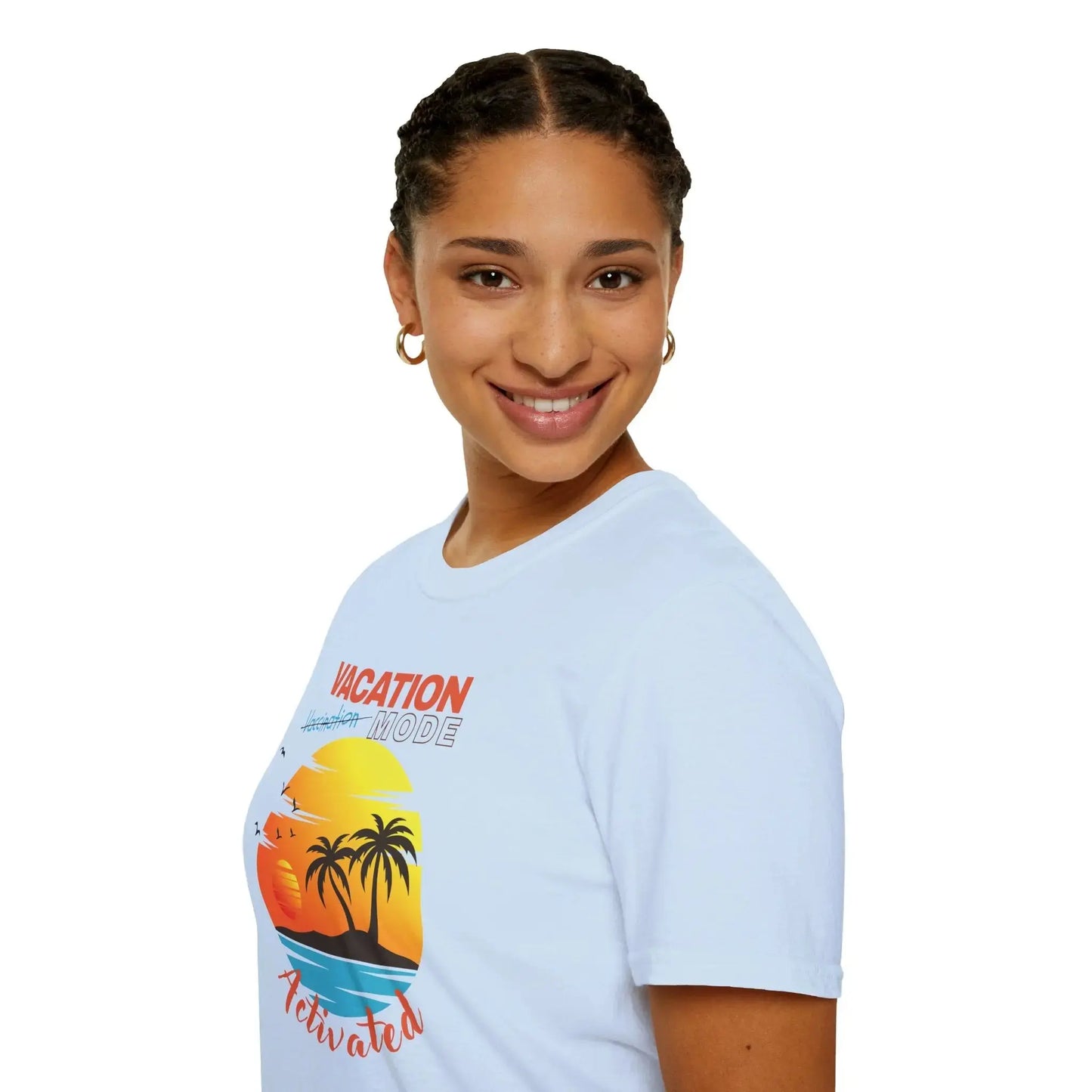Woman wearing a light blue t-shirt with 'Vacation Not Vaccination Mode Activated' graphic design on a white background
