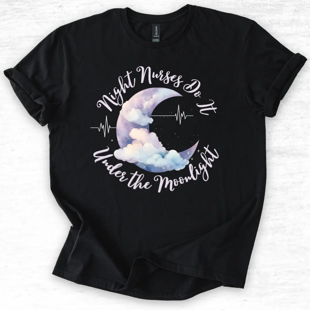 Black t-shirt with moon and cloud design and text 'Night Nurses Do It Under the Moonlight' on a light gray background