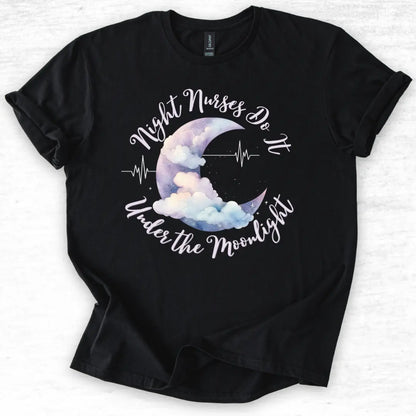 Black t-shirt with moon and cloud design and text 'Night Nurses Do It Under the Moonlight' on a light gray background