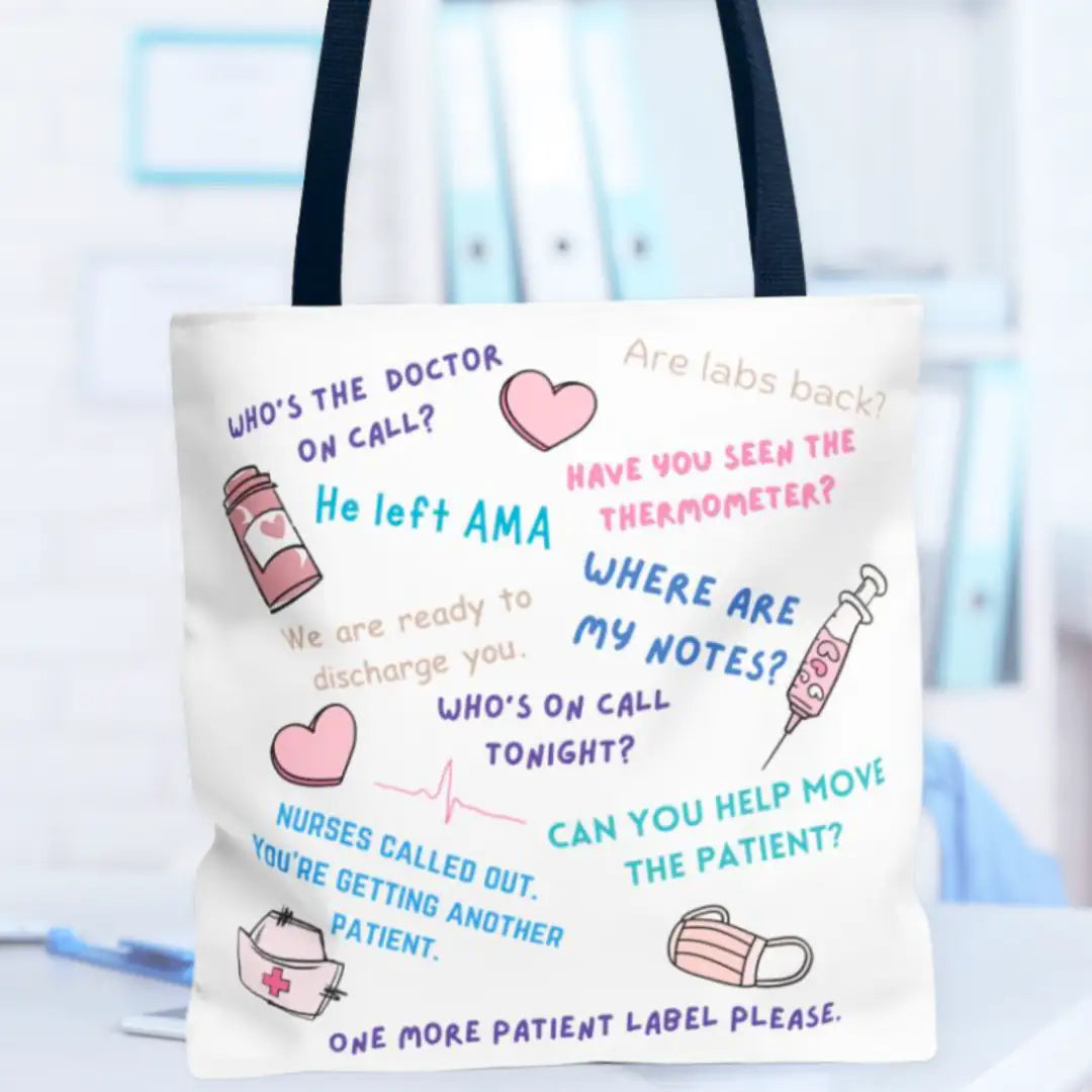 Tote bag with humorous medical-themed text and icons on a blurred background.