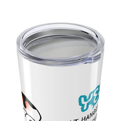 Clear lid on stainless steel tumbler featuring a colorful design on a white background