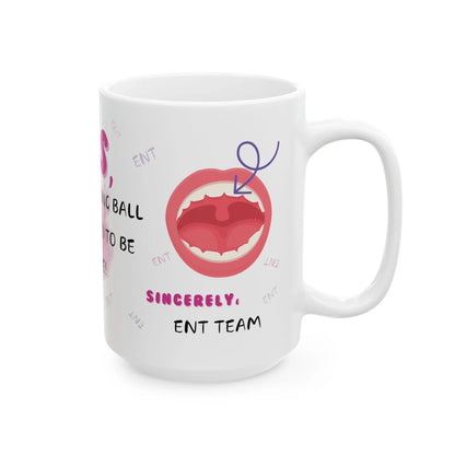 White mug with a graphic of a mouth and 'ENT Team' text on a white background