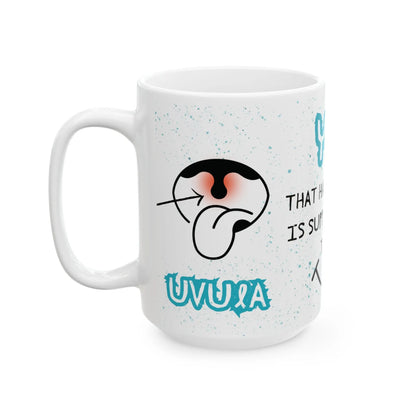 White mug with mouth logo and 'Uvula' text on a white background