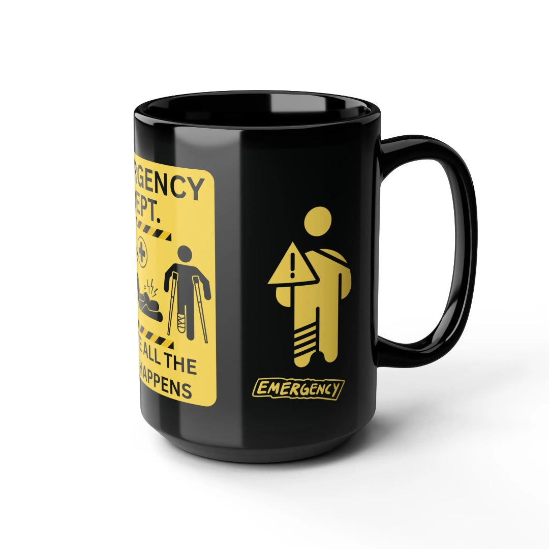 Black mug with yellow emergency department logo on a white background