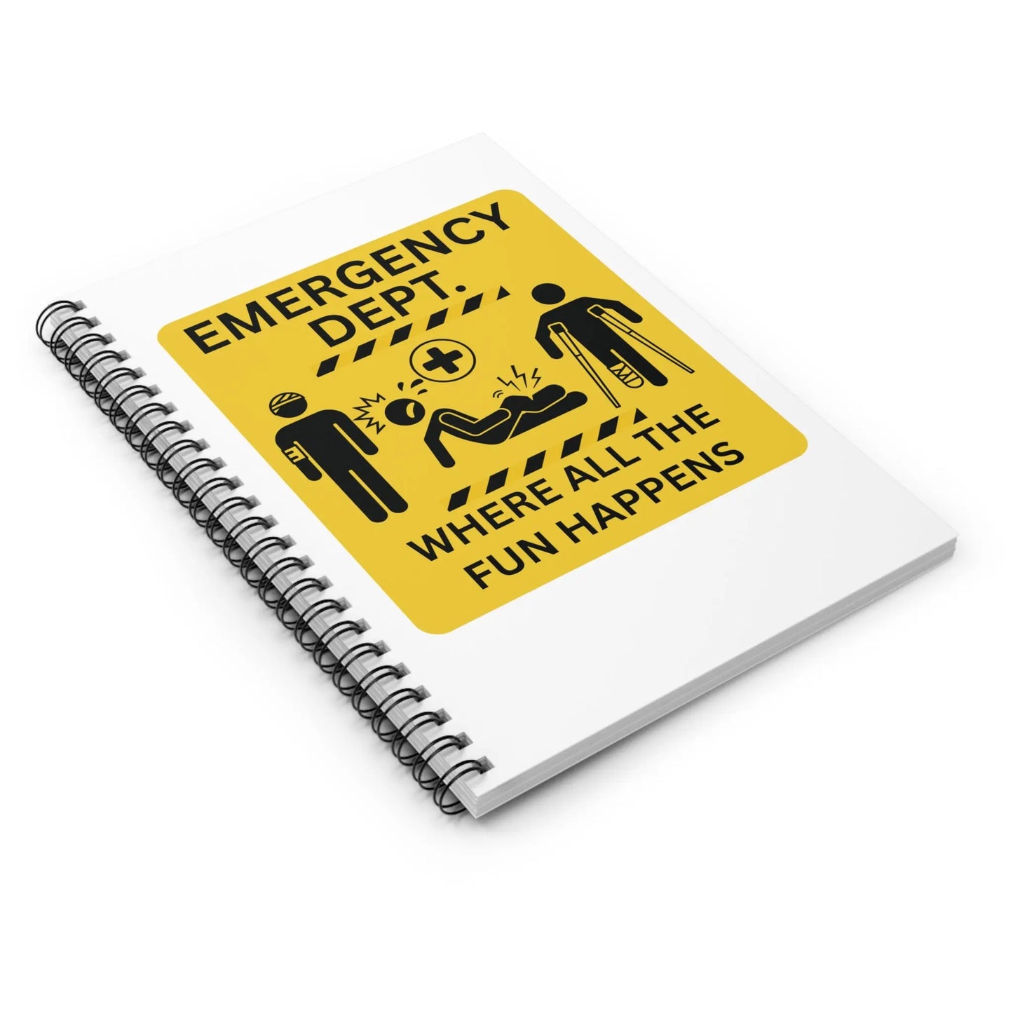 Spiral notebook with a yellow emergency department featuring 'emergency department where all the fun happens' text on a white background