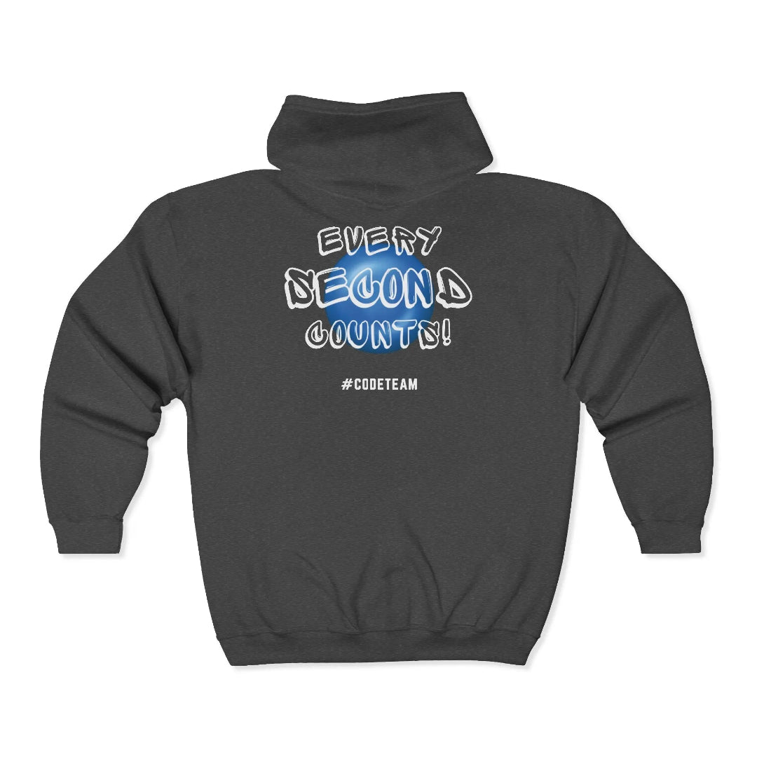 Dark Gray hoodie with text 'Every Second Counts! #CODETEAM' on a white background