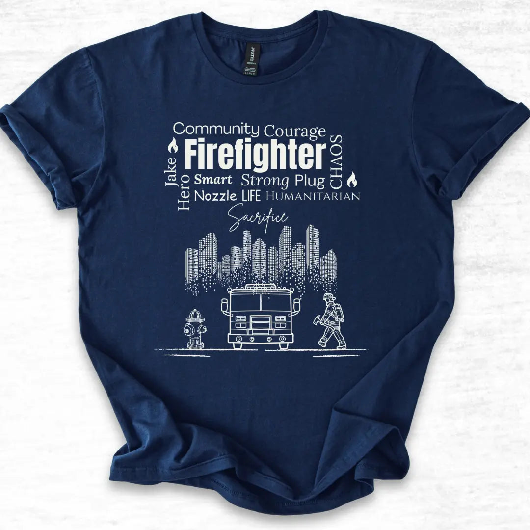 Navy blue t-shirt with white firefighter-themed graphics and text on a light gray background