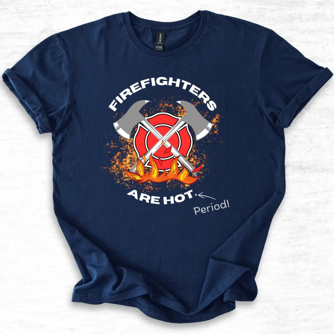 T-Shirt with a text FIrefighters are hot period with flame and double axe cross
