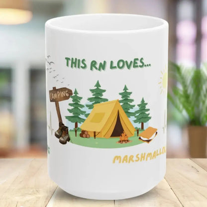 White nurses mug with camping-themed design and text on a wooden surface.