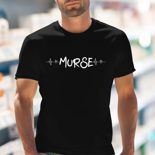 Person wearing a black t-shirt with 'MURSE' text and heartbeat design with blurred background.