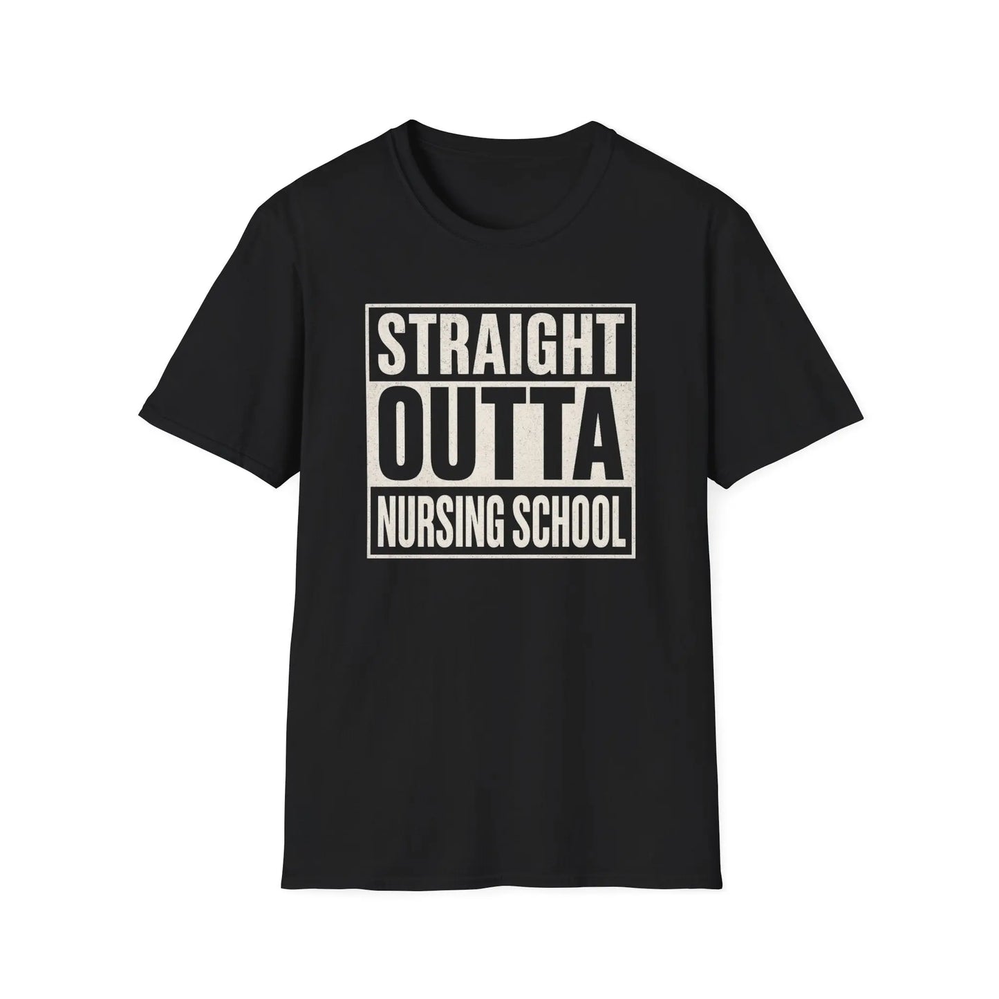 Black t-shirt with 'Straight Outta Nursing School' text on a white background
