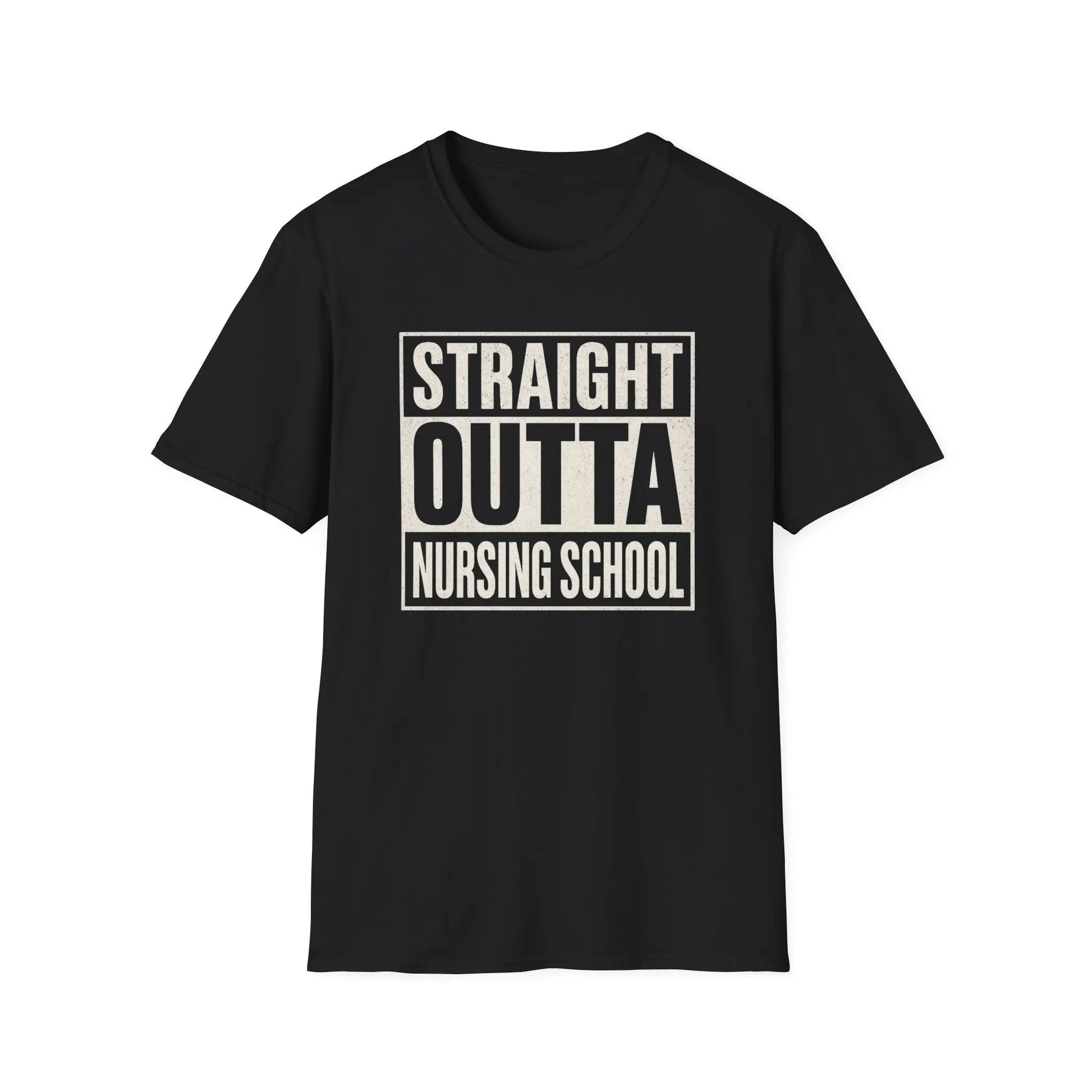 Black t-shirt with 'Straight Outta Nursing School' text on a white background