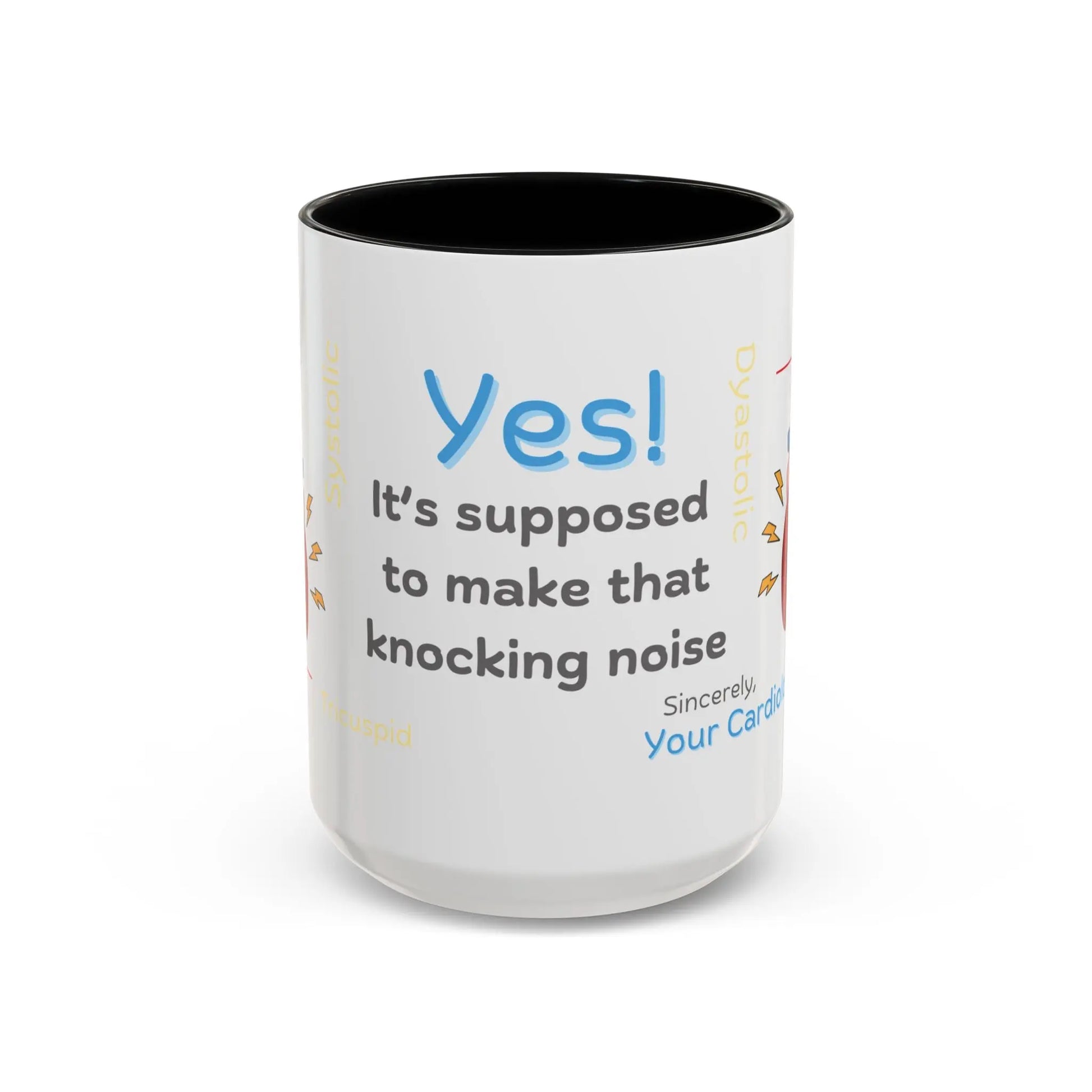 White mug with black interior with 'Yes' it's supposed to make that noise' text on a white background