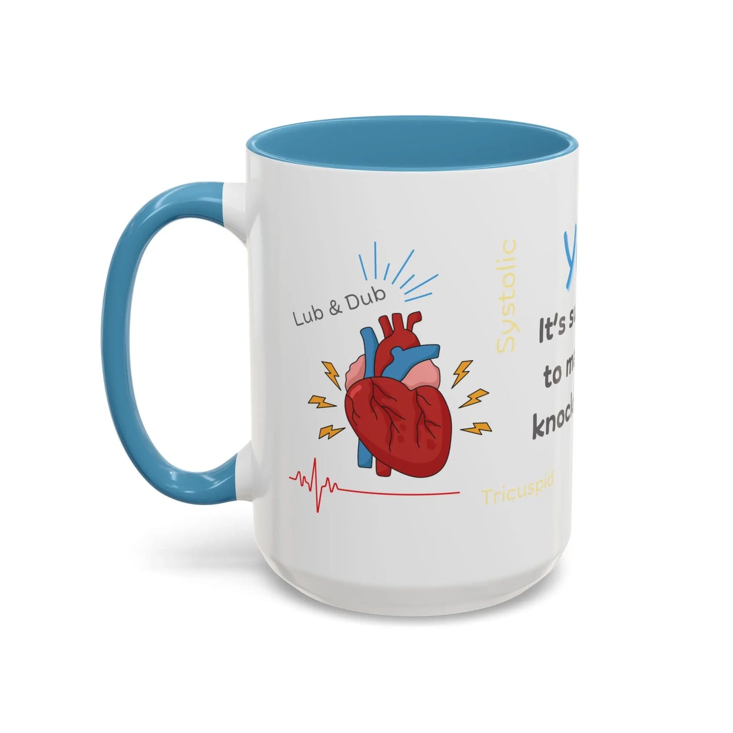 White mug with blue interior featuring a heart illustration and 'Lub & Dub' text on a white background.