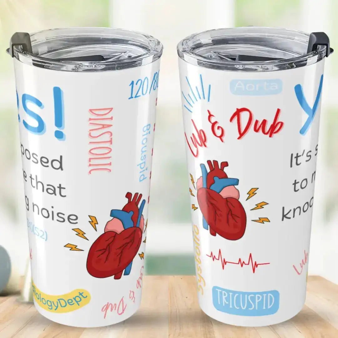 Two tumblers with medical-themed designs and text 'Diastolic and Tri-cuspid' on a wooden surface.