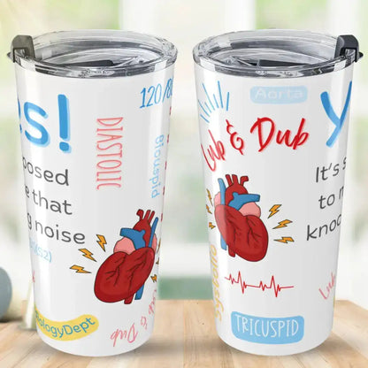 Two tumblers with medical-themed designs and text 'Diastolic and Tri-cuspid' on a wooden surface.