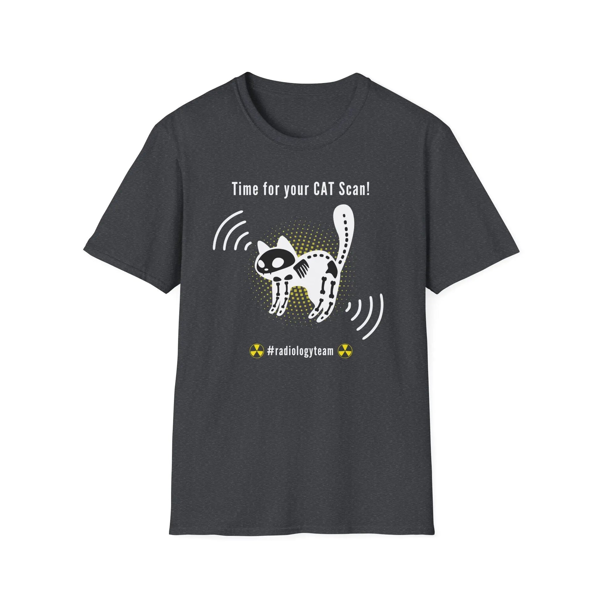 Dark gray t-shirt with a cat-themed graphic and 'Time For Your Cat Scan' text on a white background