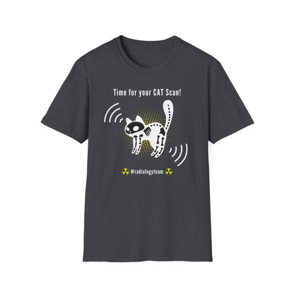 Dark gray t-shirt with a cat-themed graphic and 'Time For Your Cat Scan' text on a white background