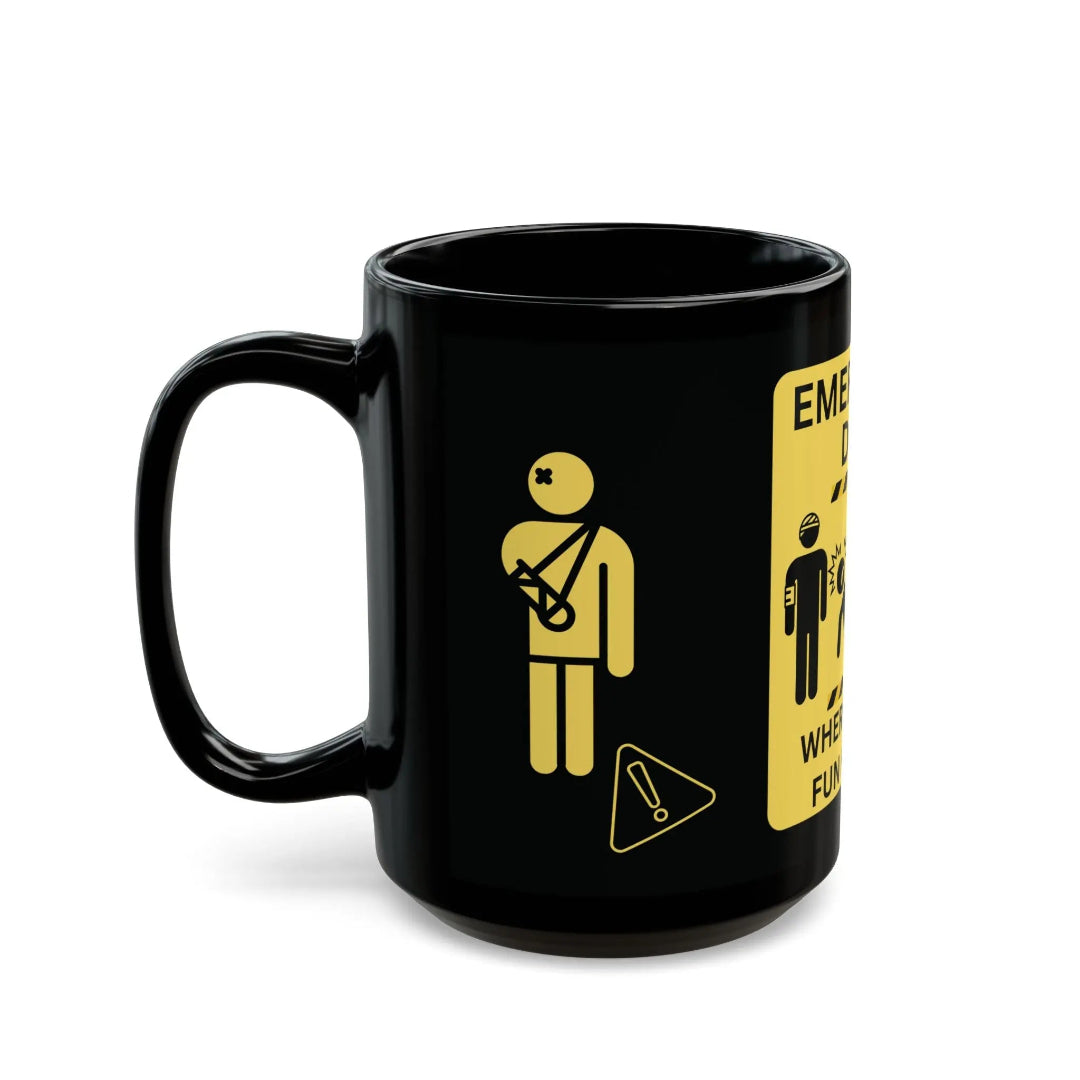 ER department logo with funny figurines on a black mug