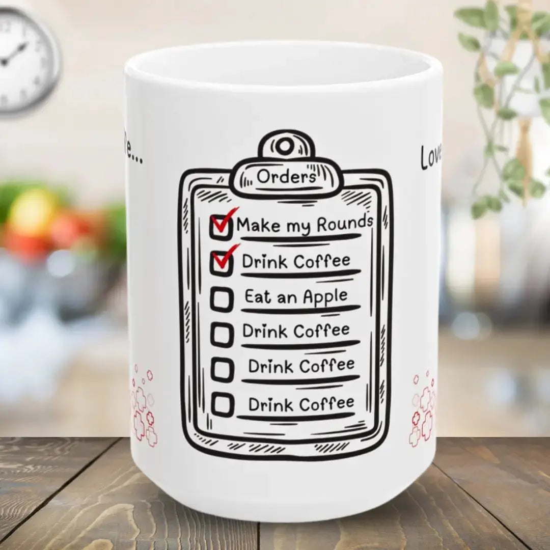 White funny medical mug with a checklist design on a wooden surface