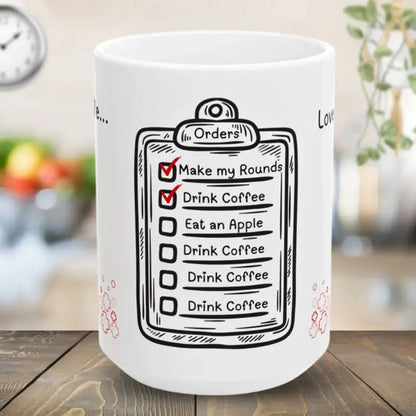 White funny medical mug with a checklist design on a wooden surface