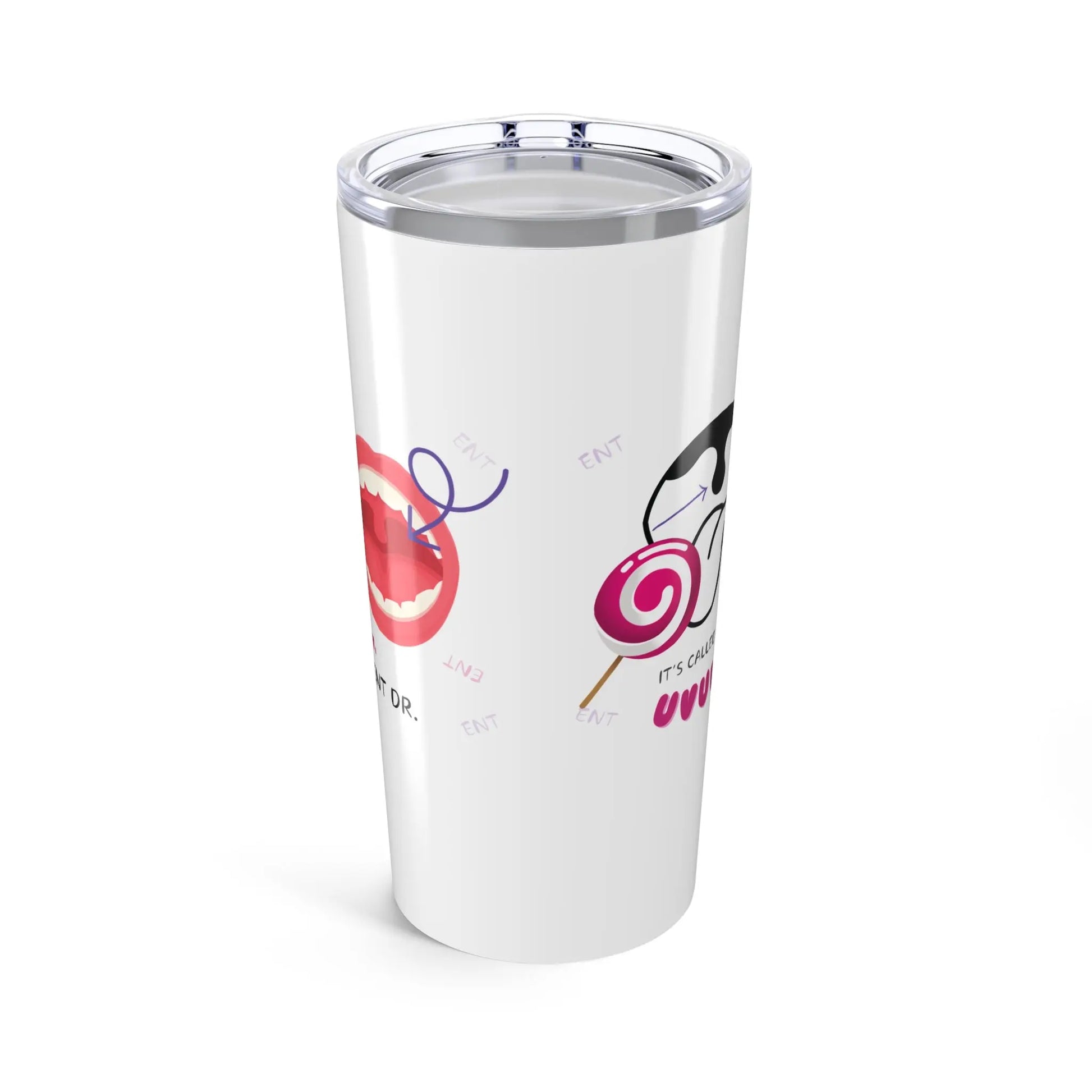 White tumbler with colorful designs on a white background