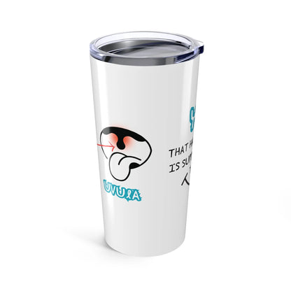 White tumbler with uvula and text on a white background